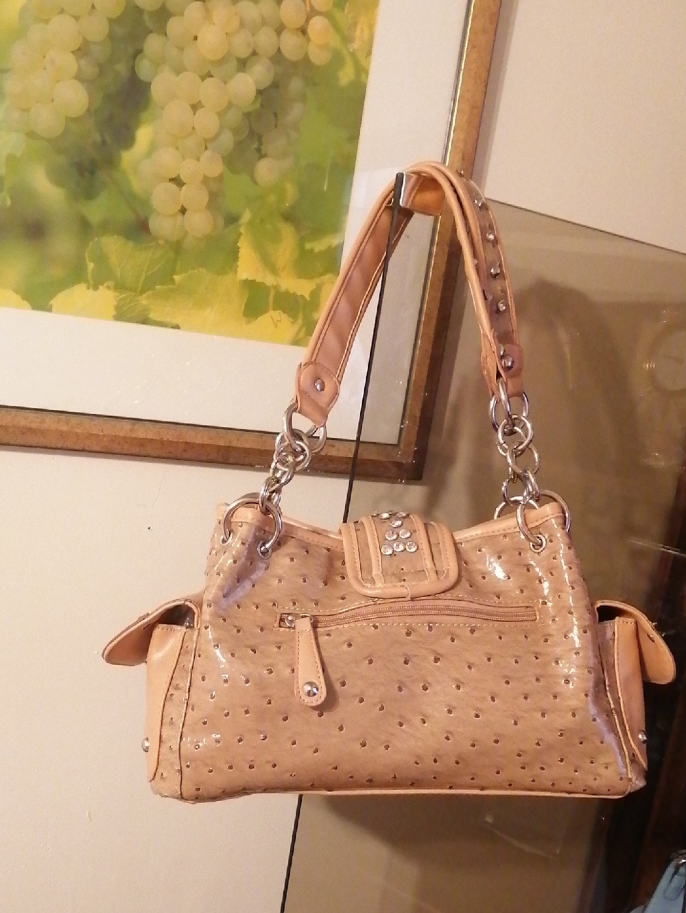 Silverake Ostrich Embossed Vegan Leather With Sparkling Crystals ShoulderBag - Picture 6 of 13